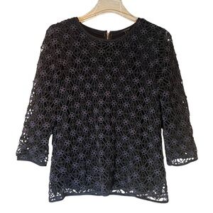 Ann Taylor Navy Black Crochet Overlay Blouse 3/4 Sleeves Swing Top Lined Women S